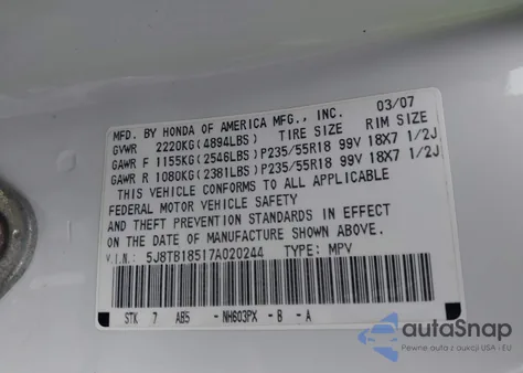 2007 Acura Rdx from USA, damaged, VIN 5J8TB18517A020244